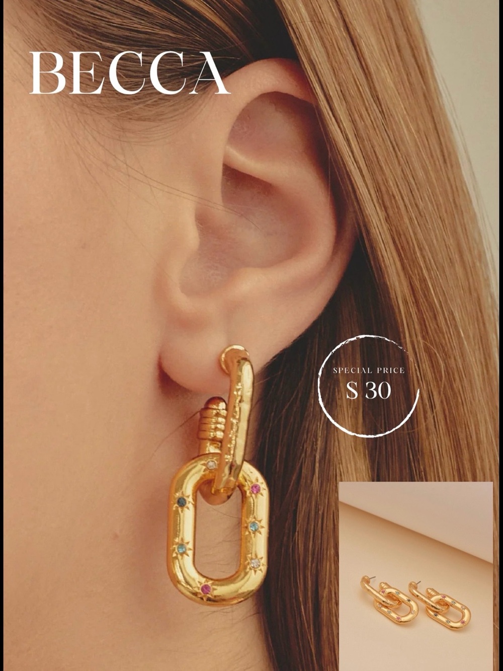 Gold Link Earrings with Multicolor Gem Accents